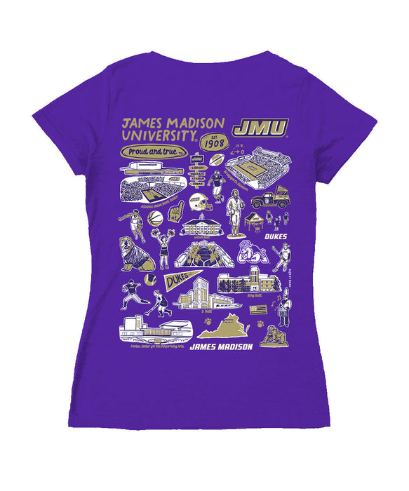 JMU Dukes Hand Sketched Vive La Fete Impressions Artwork Purple Women Cotton Short Sleeve V-Neck Tshirt