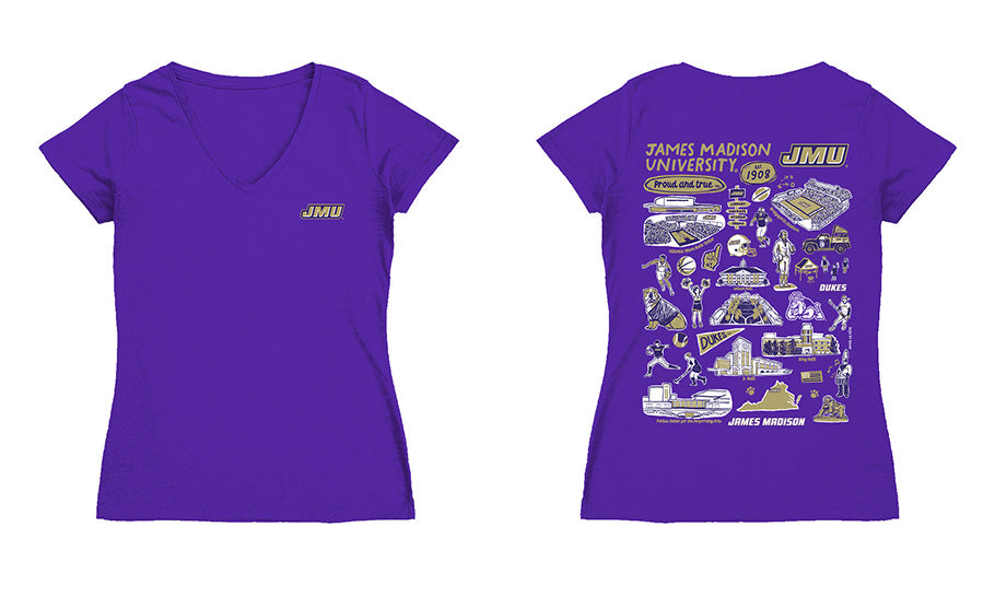 JMU Dukes Hand Sketched Vive La Fete Impressions Artwork Purple Women Cotton Short Sleeve V-Neck Tshirt