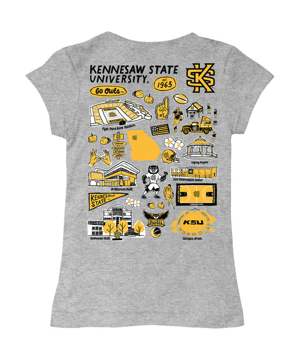 Kennesaw State University KSU Owls Hand Sketched Vive La Fete Impressions Artwork Grey Girls Cotton Short Sleeve Tee - Vive La Fête - Online Apparel Store