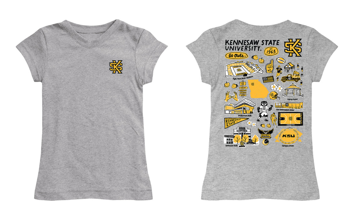 Kennesaw State University KSU Owls Hand Sketched Vive La Fete Impressions Artwork Grey Girls Cotton Short Sleeve Tee - Vive La Fête - Online Apparel Store
