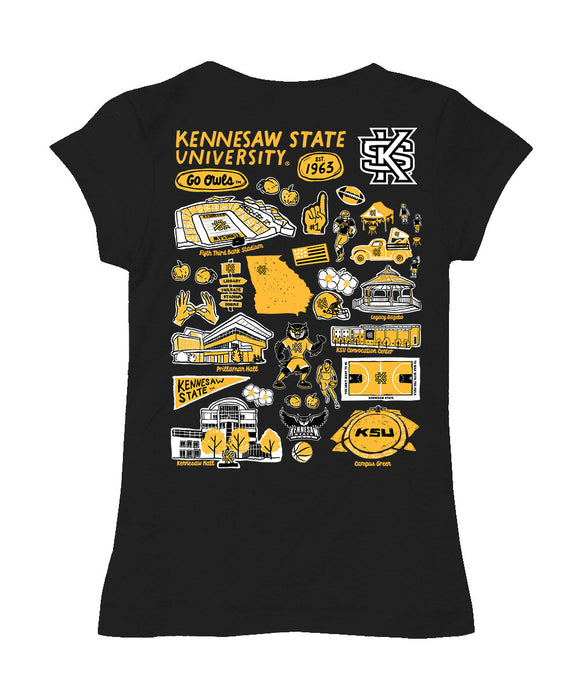Kennesaw State University KSU Owls Hand Sketched Vive La Fete Impressions Artwork Black Girls Cotton Short Sleeve Tee - Vive La Fête - Online Apparel Store