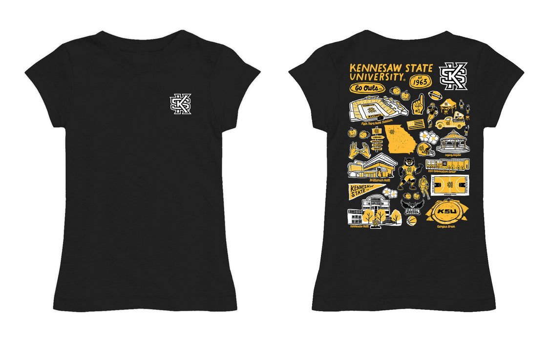 Kennesaw State University KSU Owls Hand Sketched Vive La Fete Impressions Artwork Black Girls Cotton Short Sleeve Tee - Vive La Fête - Online Apparel Store
