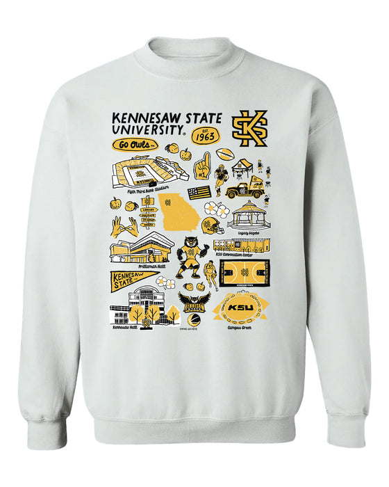 Kennesaw State Owls Hand Sketched Vive La Fete Impressions White Cotton Crewneck Sweatshirt for Women
