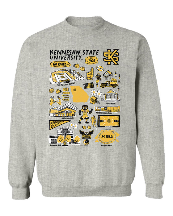 Kennesaw State Owls Hand Sketched Vive La Fete Impressions Grey Cotton Crewneck Sweatshirt for Women