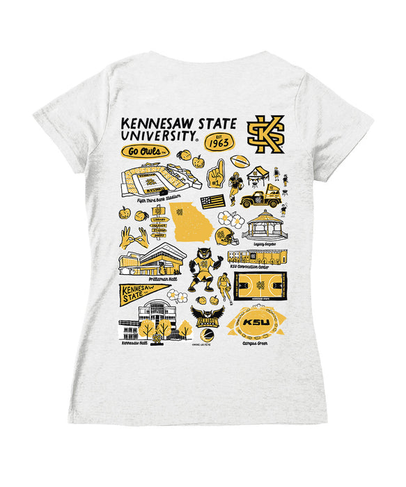 Kennesaw State Owls Hand Sketched Vive La Fete Impressions Artwork Black Women Cotton Short Sleeve V-Neck Tshirt