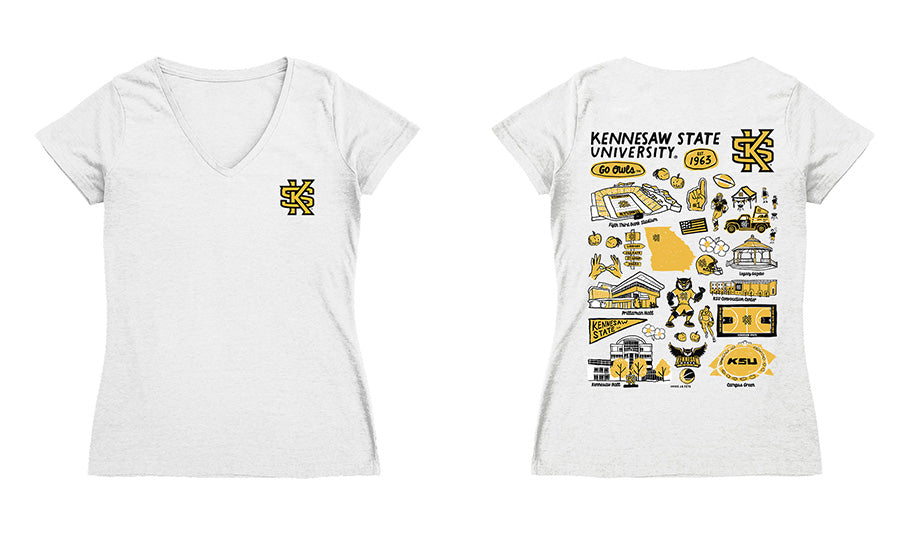 Kennesaw State Owls Hand Sketched Vive La Fete Impressions Artwork Black Women Cotton Short Sleeve V-Neck Tshirt