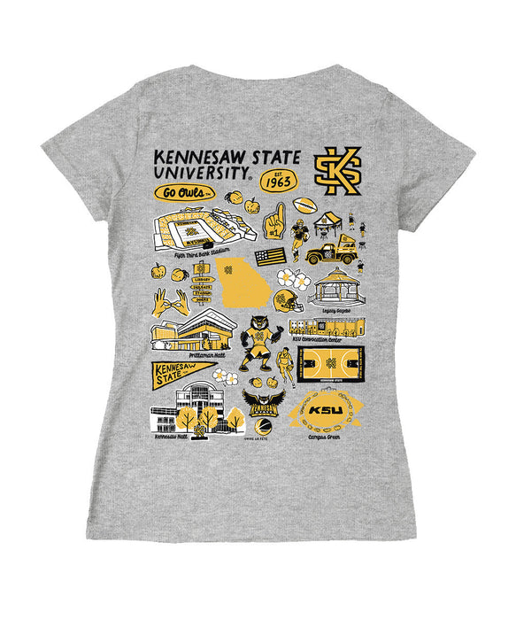 Kennesaw State Owls Hand Sketched Vive La Fete Impressions Artwork Black Women Cotton Short Sleeve V-Neck Tshirt