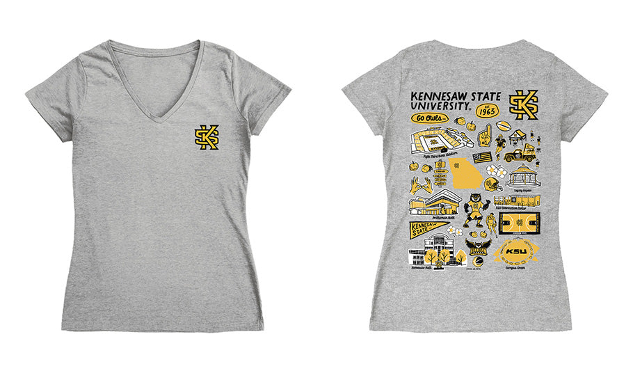 Kennesaw State Owls Hand Sketched Vive La Fete Impressions Artwork Black Women Cotton Short Sleeve V-Neck Tshirt