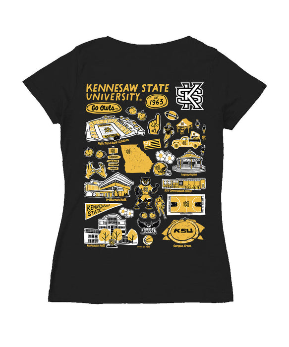 Kennesaw State Owls Hand Sketched Vive La Fete Impressions Artwork Black Women Cotton Short Sleeve V-Neck Tshirt