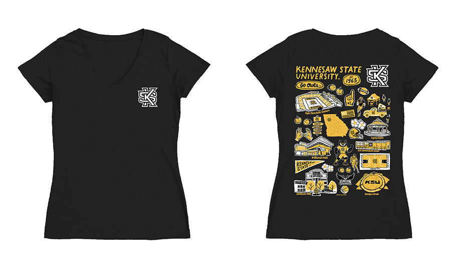 Kennesaw State Owls Hand Sketched Vive La Fete Impressions Artwork Black Women Cotton Short Sleeve V-Neck Tshirt