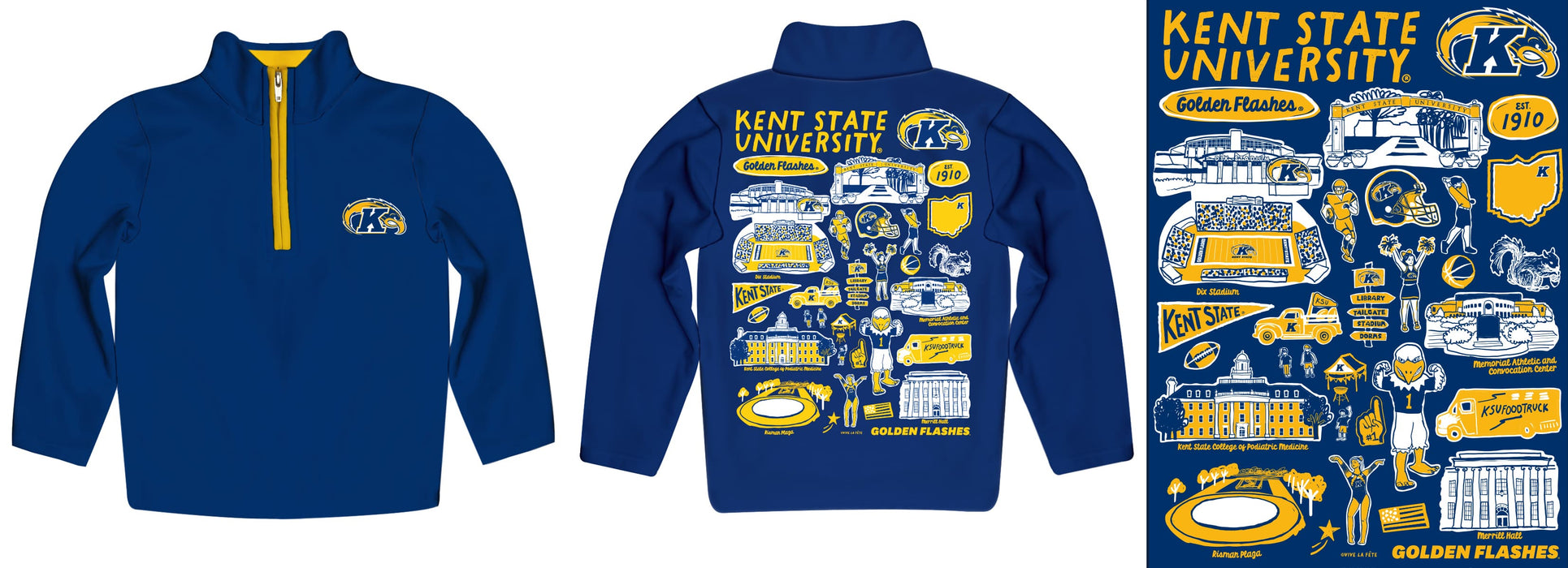 Kent State Golden Flashes Hand Sketched Vive La Fete Impressions Artwork  Blue Boys Quarter Zip Pullover V1 - Vive La Fête - Online Apparel Store