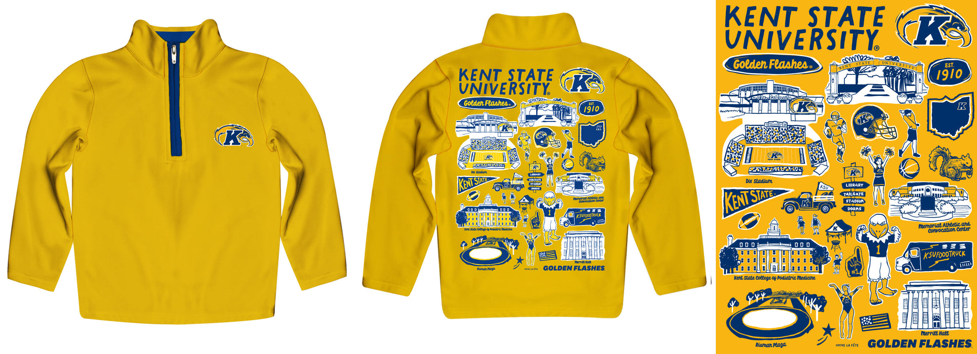 Kent State Golden Flashes Hand Sketched Vive La Fete Impressions Artwork Gold Boys Quarter Zip Pullover V1 - Vive La Fête - Online Apparel Store
