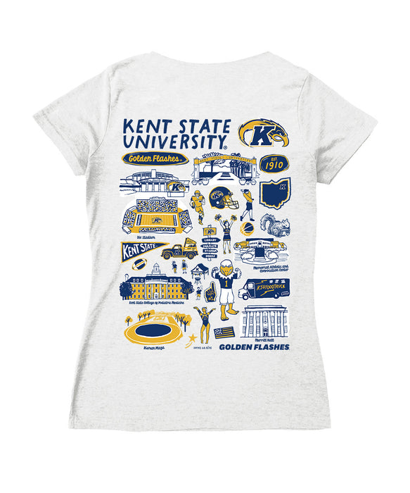 Kent State Golden Flashes Hand Sketched Vive La Fete Impressions Artwork Navy Women Cotton Short Sleeve V-Neck Tshirt