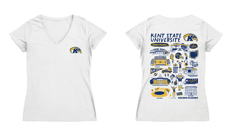 Kent State Golden Flashes Hand Sketched Vive La Fete Impressions Artwork Navy Women Cotton Short Sleeve V-Neck Tshirt