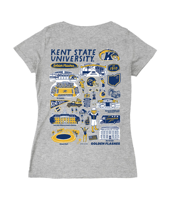Kent State Golden Flashes Hand Sketched Vive La Fete Impressions Artwork Navy Women Cotton Short Sleeve V-Neck Tshirt