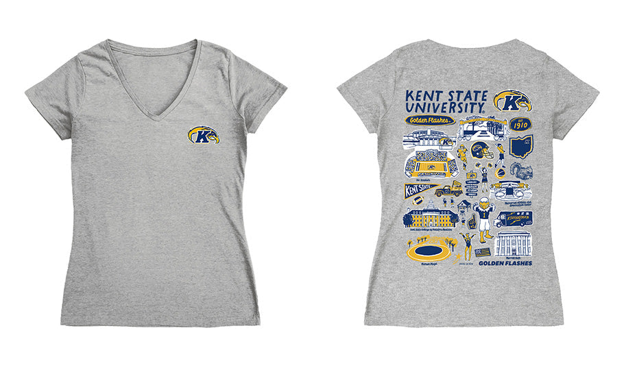 Kent State Golden Flashes Hand Sketched Vive La Fete Impressions Artwork Navy Women Cotton Short Sleeve V-Neck Tshirt