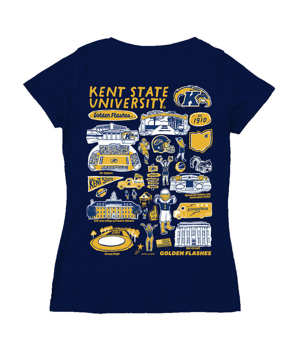 Kent State Golden Flashes Hand Sketched Vive La Fete Impressions Artwork Navy Women Cotton Short Sleeve V-Neck Tshirt