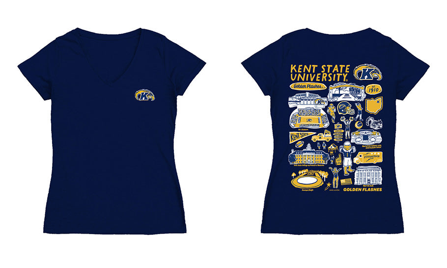 Kent State Golden Flashes Hand Sketched Vive La Fete Impressions Artwork Navy Women Cotton Short Sleeve V-Neck Tshirt