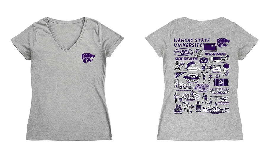 Kansas State Wildcats KSU K-State Hand Sketched Vive La Fete Impressions Artwork Purple Women Cotton V-Neck Tshirt