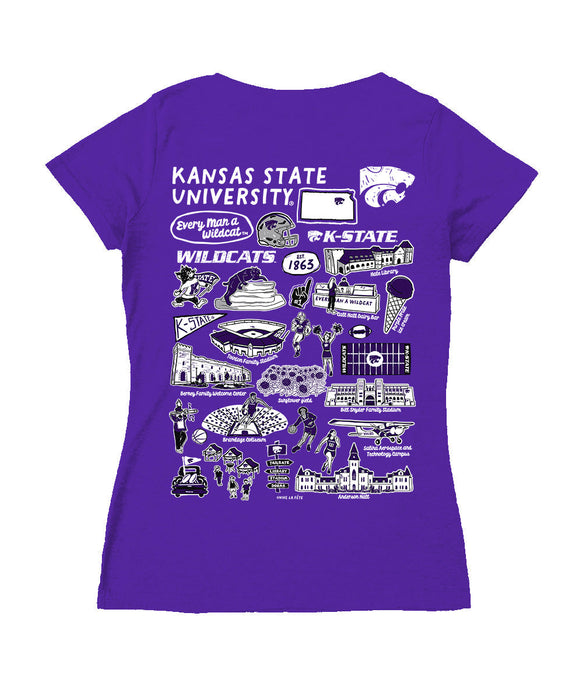 Kansas State Wildcats KSU K-State Hand Sketched Vive La Fete Impressions Artwork Purple Women Cotton V-Neck Tshirt