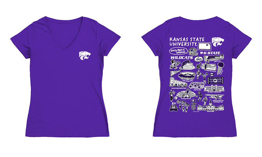 Kansas State Wildcats KSU K-State Hand Sketched Vive La Fete Impressions Artwork Purple Women Cotton V-Neck Tshirt