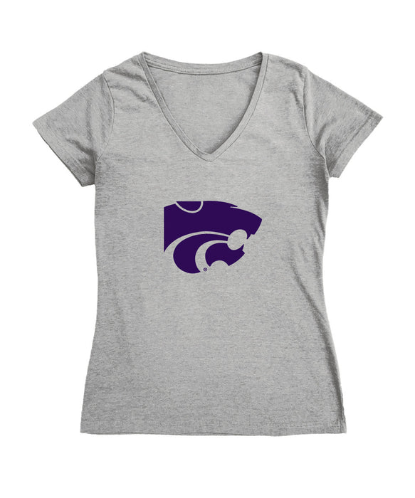 Kansas State Wildcats Women's V-neck Fitted Cotton T-Shirt Grey