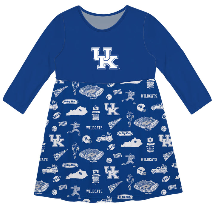 Kentucky Wildcats Long Sleeve Solid Royal Repeat Print Hand Sketched Impressions Artwork on Skirt