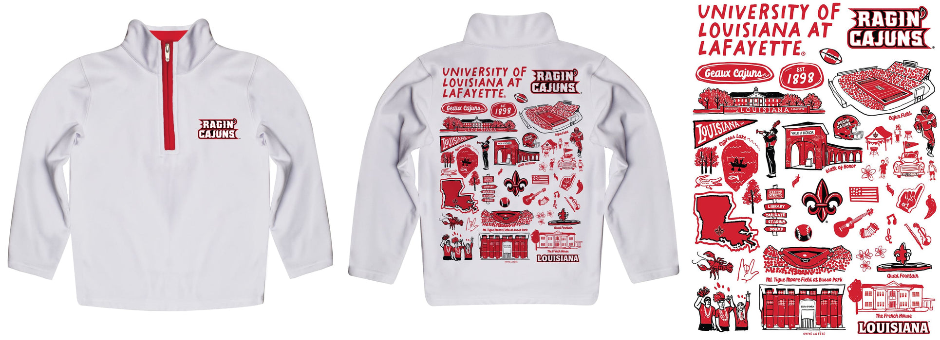 Louisiana at Lafayette Cajuns Hand Sketched Vive La Fete Impressions Artwork White Boys Quarter Zip Pullover V1 - Vive La Fête - Online Apparel Store