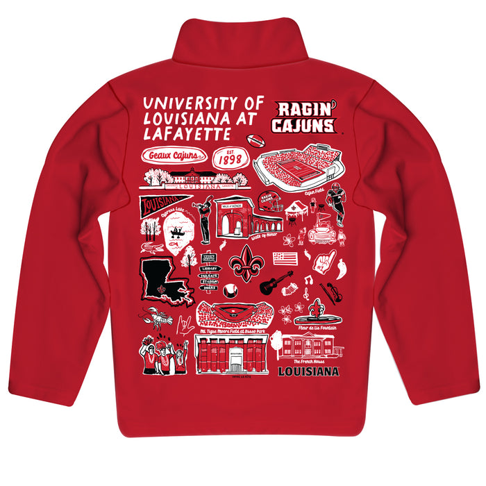Louisiana at Lafayette Cajuns Hand Sketched Vive La Fete Impressions Artwork Red (Vermilion) Boys Quarter Zip Pullover V1 - Vive La Fête - Online Apparel Store