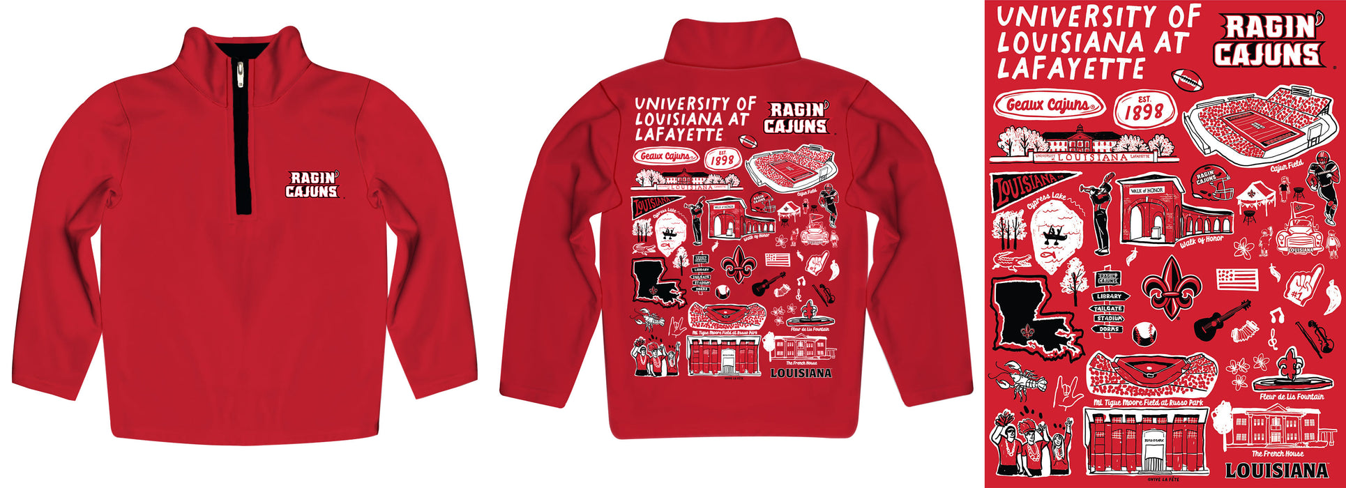 Louisiana at Lafayette Cajuns Hand Sketched Vive La Fete Impressions Artwork Red (Vermilion) Boys Quarter Zip Pullover V1 - Vive La Fête - Online Apparel Store