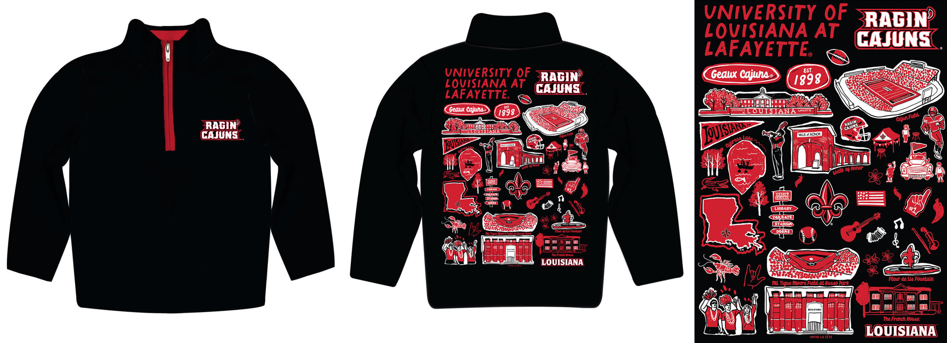 Louisiana at Lafayette Cajuns Hand Sketched Vive La Fete Impressions Artwork  Black Boys Quarter Zip Pullover V1 - Vive La Fête - Online Apparel Store