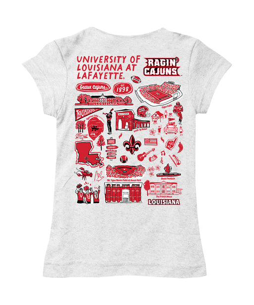 Louisiana at Lafayette Cajuns Hand Sketched Vive La Fete Impressions Artwork White Girls Cotton Short Sleeve Tee - Vive La Fête - Online Apparel Store