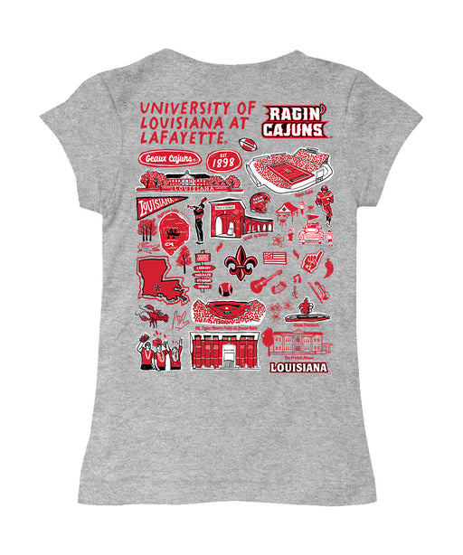 Louisiana at Lafayette Cajuns Hand Sketched Vive La Fete Impressions Artwork Grey Girls Cotton Short Sleeve Tee - Vive La Fête - Online Apparel Store