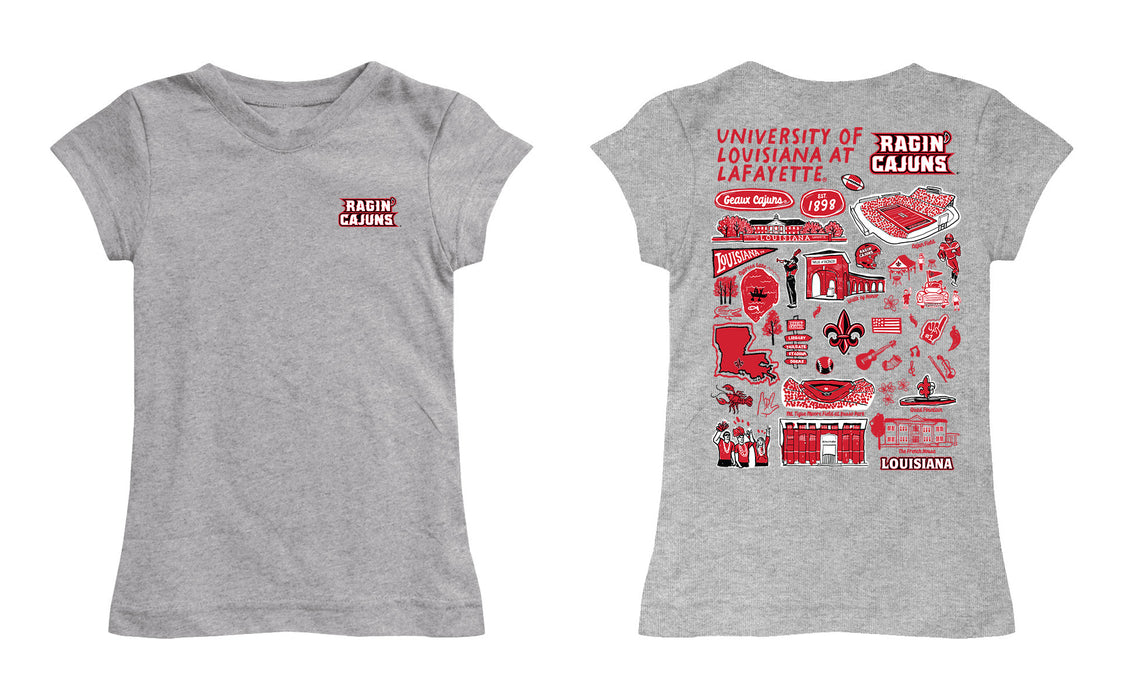 Louisiana at Lafayette Cajuns Hand Sketched Vive La Fete Impressions Artwork Grey Girls Cotton Short Sleeve Tee - Vive La Fête - Online Apparel Store