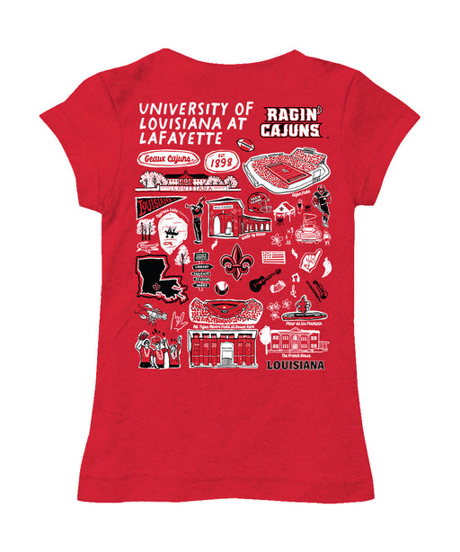 Louisiana at Lafayette Cajuns Hand Sketched Vive La Fete Impressions Artwork Red Girls Cotton Short Sleeve Tee - Vive La Fête - Online Apparel Store