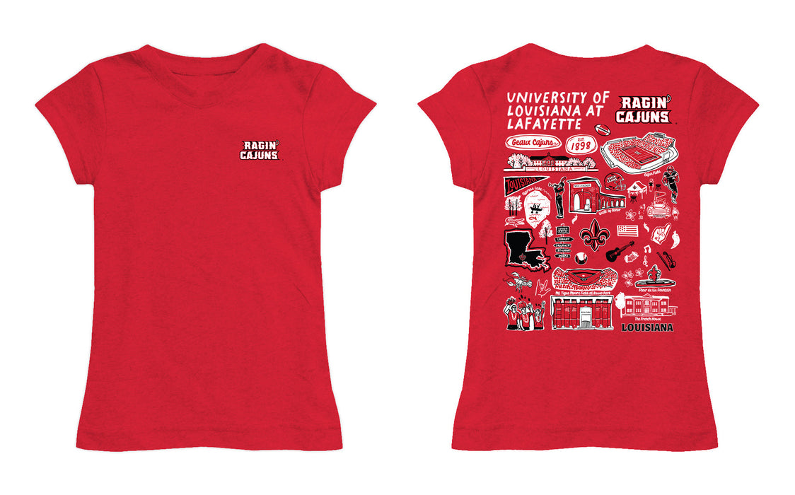 Louisiana at Lafayette Cajuns Hand Sketched Vive La Fete Impressions Artwork Red Girls Cotton Short Sleeve Tee - Vive La Fête - Online Apparel Store
