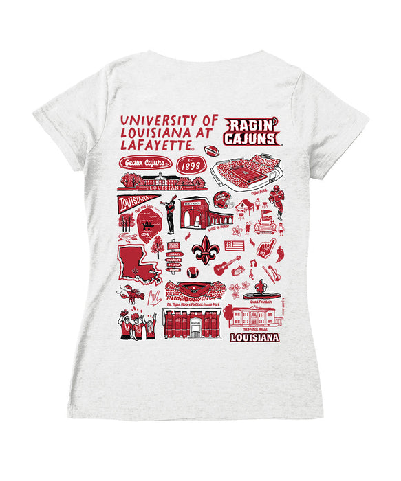 Louisiana at Lafayette Cajuns Hand Sketched Vive La Fete Impressions Artwork Red Women Cotton Short Sleeve V-Neck Tshirt