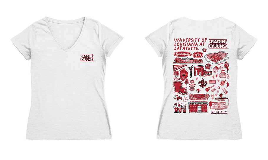 Louisiana at Lafayette Cajuns Hand Sketched Vive La Fete Impressions Artwork Red Women Cotton Short Sleeve V-Neck Tshirt