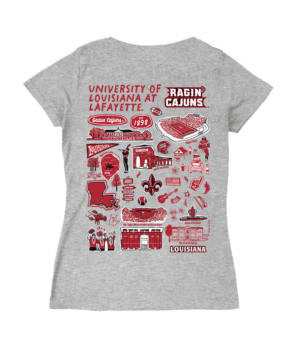 Louisiana at Lafayette Cajuns Hand Sketched Vive La Fete Impressions Artwork Red Women Cotton Short Sleeve V-Neck Tshirt