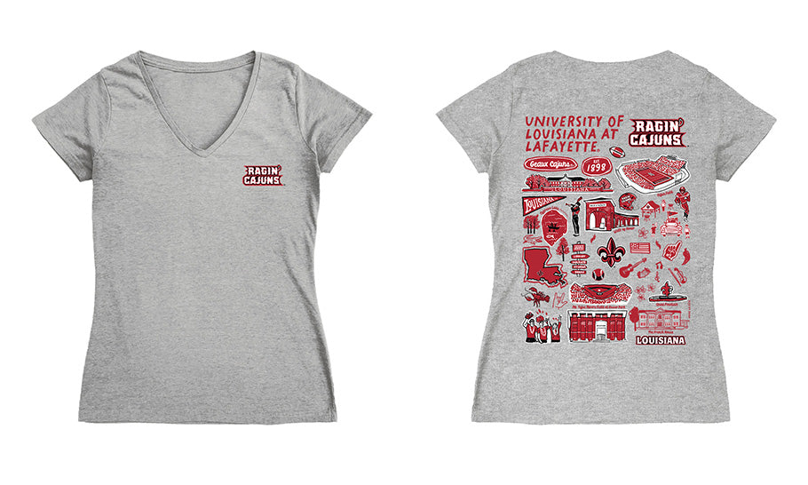 Louisiana at Lafayette Cajuns Hand Sketched Vive La Fete Impressions Artwork Red Women Cotton Short Sleeve V-Neck Tshirt