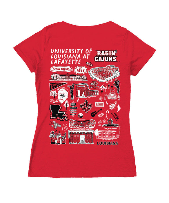 Louisiana at Lafayette Cajuns Hand Sketched Vive La Fete Impressions Artwork Red Women Cotton Short Sleeve V-Neck Tshirt