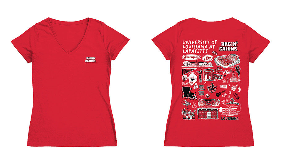 Louisiana at Lafayette Cajuns Hand Sketched Vive La Fete Impressions Artwork Red Women Cotton Short Sleeve V-Neck Tshirt