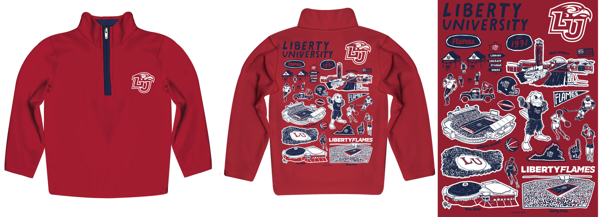 Liberty Flames Hand Sketched Vive La Fete Impressions Artwork Red Boys Quarter Zip Pullover V1 - Vive La Fête - Online Apparel Store