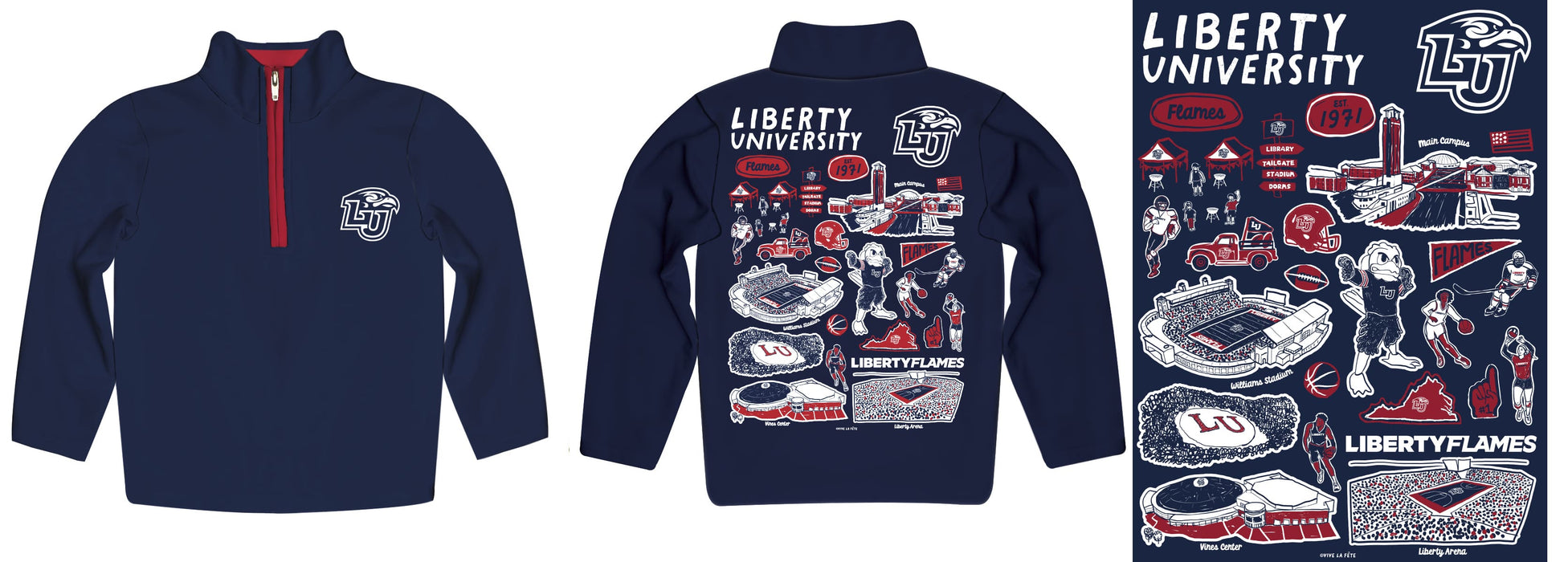 Liberty Flames Hand Sketched Vive La Fete Impressions Artwork  Blue Boys Quarter Zip Pullover V1 - Vive La Fête - Online Apparel Store