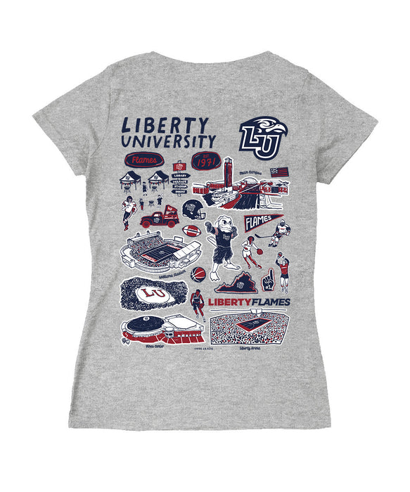 Liberty Flames Hand Sketched Vive La Fete Impressions Artwork Red Women Cotton Short Sleeve V-Neck Tshirt