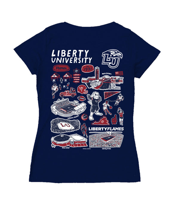 Liberty Flames Hand Sketched Vive La Fete Impressions Artwork Navy Women Cotton Short Sleeve V-Neck Tshirt - Vive La Fête - Online Apparel Store