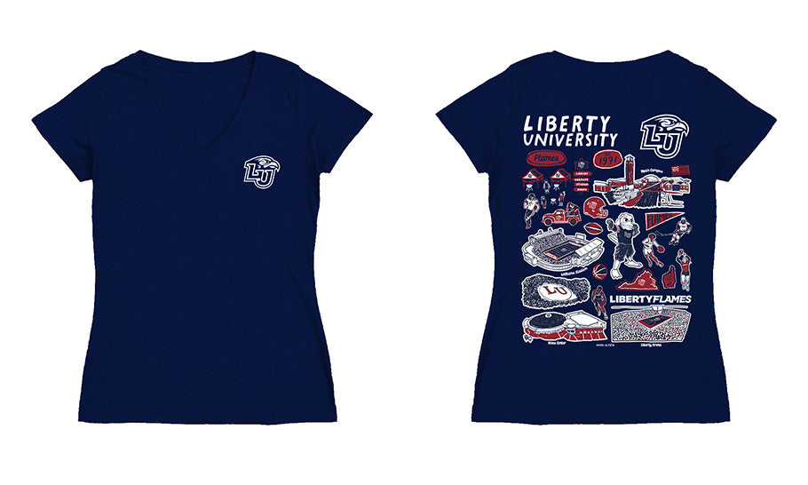 Liberty Flames Hand Sketched Vive La Fete Impressions Artwork Navy Women Cotton Short Sleeve V-Neck Tshirt - Vive La Fête - Online Apparel Store
