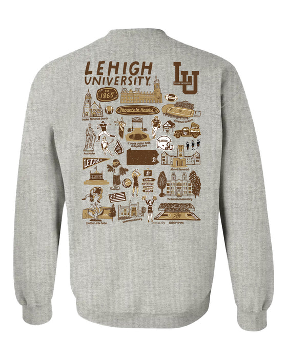 Lehigh University Mountain Hawks Hand Sketched Artwork Gray Crewneck Sweatshirt for Women - Vive La Fête - Online Apparel Store
