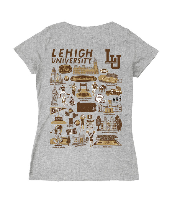 Lehigh Mountain Hawks Hand Sketched Vive La Fete Impressions Artwork Grey Women Cotton Short Sleeve V-Neck Tshirt