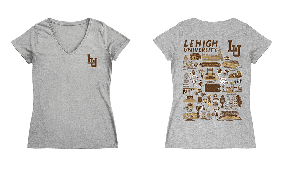 Lehigh Mountain Hawks Hand Sketched Vive La Fete Impressions Artwork Grey Women Cotton Short Sleeve V-Neck Tshirt